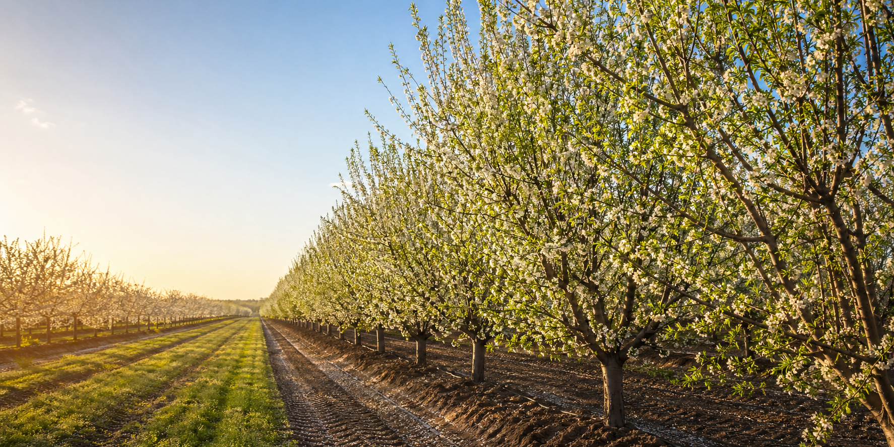 Rows of almond trees in morning light